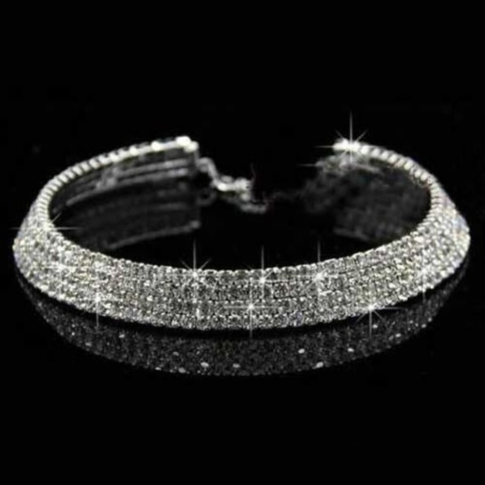 4 Row Wide Rhinestone Choker Necklace Silver Bling